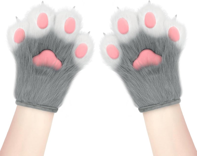 hbbhml Faux Fur Plush Furry Cat Claw Gloves Fursuit Animal Fox Paws Mittens Halloween Cosplay Costume Accessories for Adult - Image 2